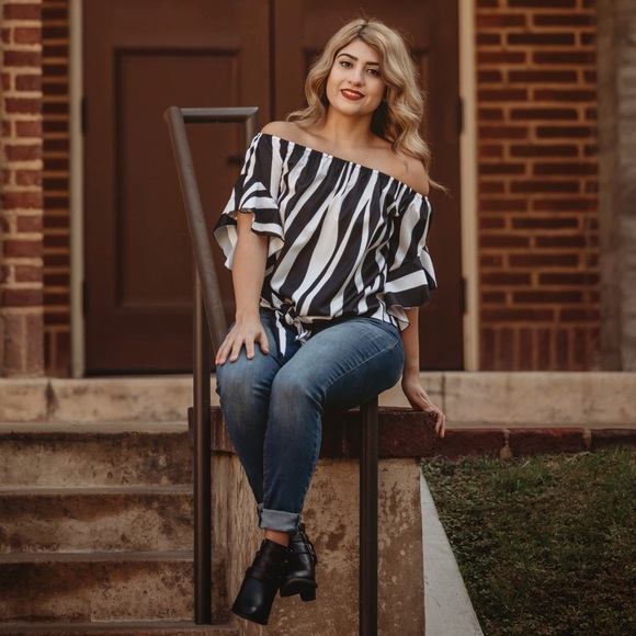 Sweet Dreams Cinched Waist Off Shoulder Top White/Black Stripe